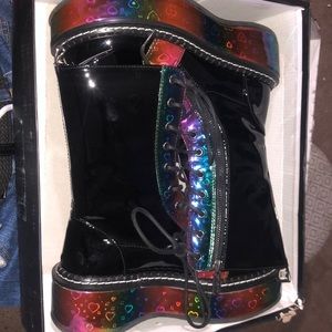 Demonia Shoes | Black Patent - Rainbow hologram w/ Hearts